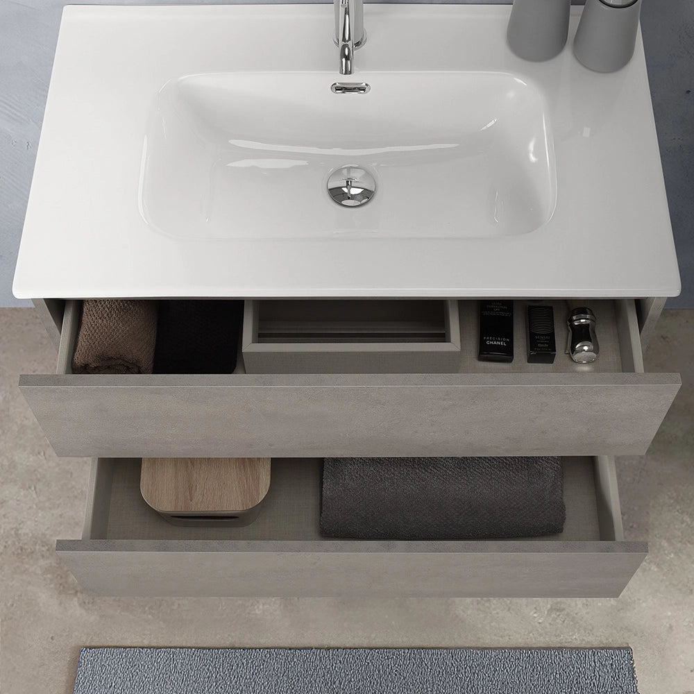 Mobile bagno sospeso 100 cm in legno grigio cemento 2 cassettoni con lavabo e specchio Leda