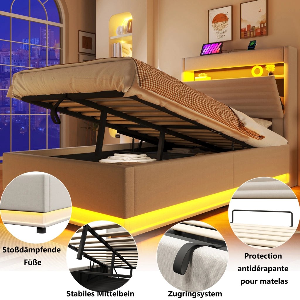 Letto contenitore imbottito 90x200 cm con apertura ribaltabile; LED tramite pulsante e App; USB-C; lino beige