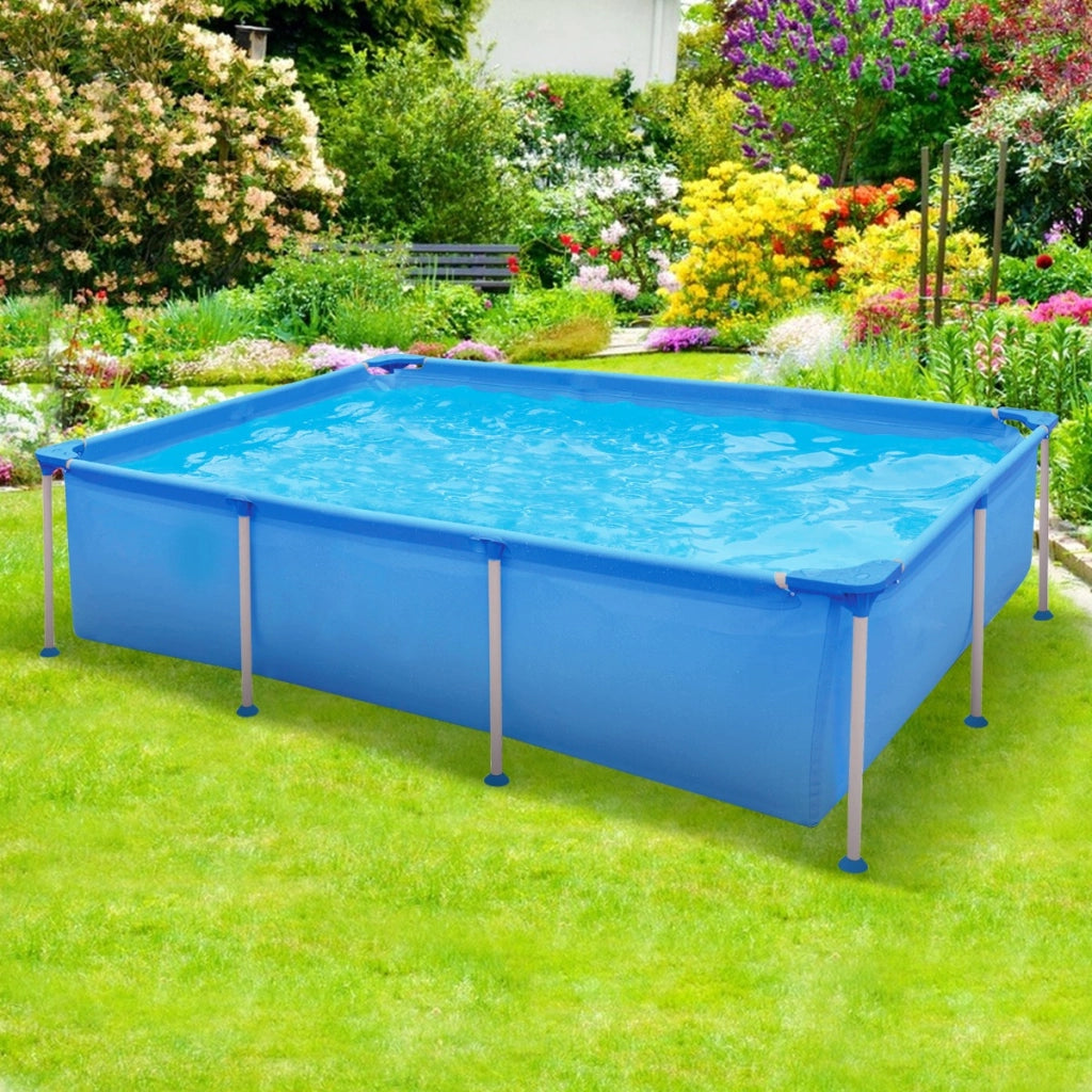 Piscina fuori terra cartuccia e struttura in metallo 258 cm x 179 cm x 66 cm, Piscina rettangolare grande con pompa filtro Blu-Nuotare