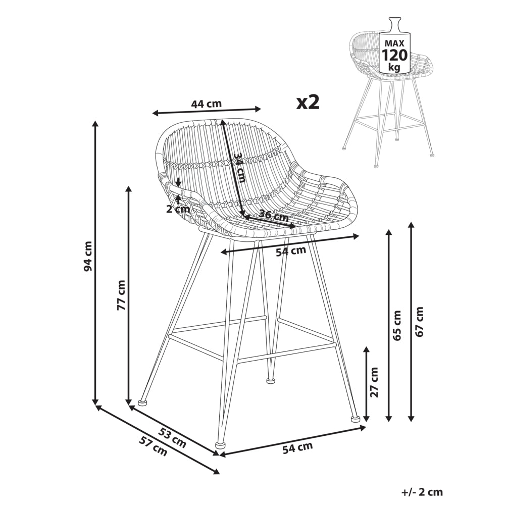 Set di 2 sedie da bar in rattan nero con struttura in ferro, per interni, stile boho, da sala da pranzo