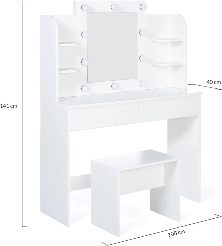 ZELIA tavolo da toilette bianco con 4 ripiani, specchio LED e sgabello