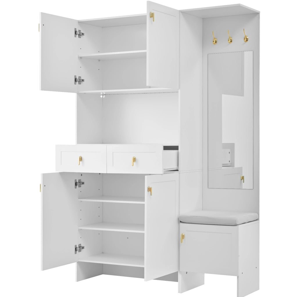 Set ingresso con panca; scarpiera; appendiabiti e specchio 120x33;5x180 cm; bianco