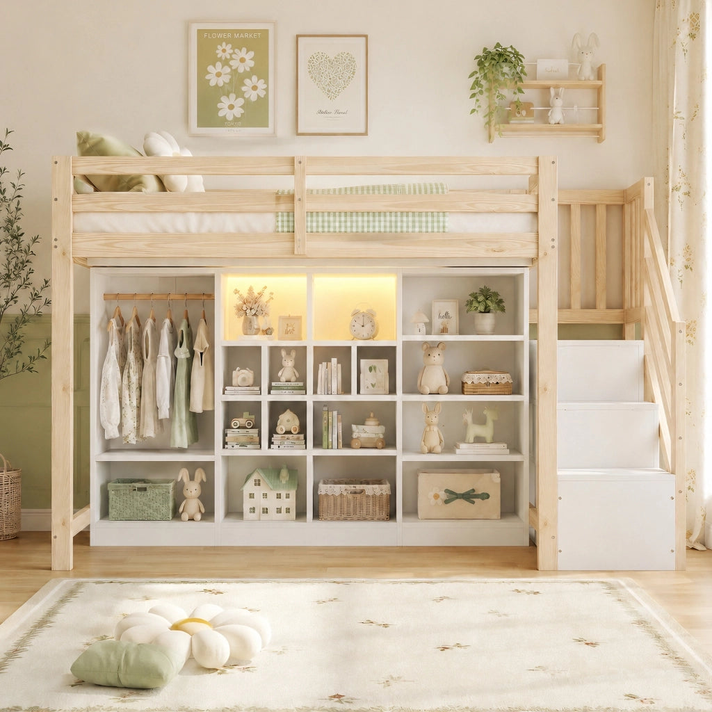 LETTO a soppalco 90x200 cm in legno naturale/bianco con scala laterale e LED