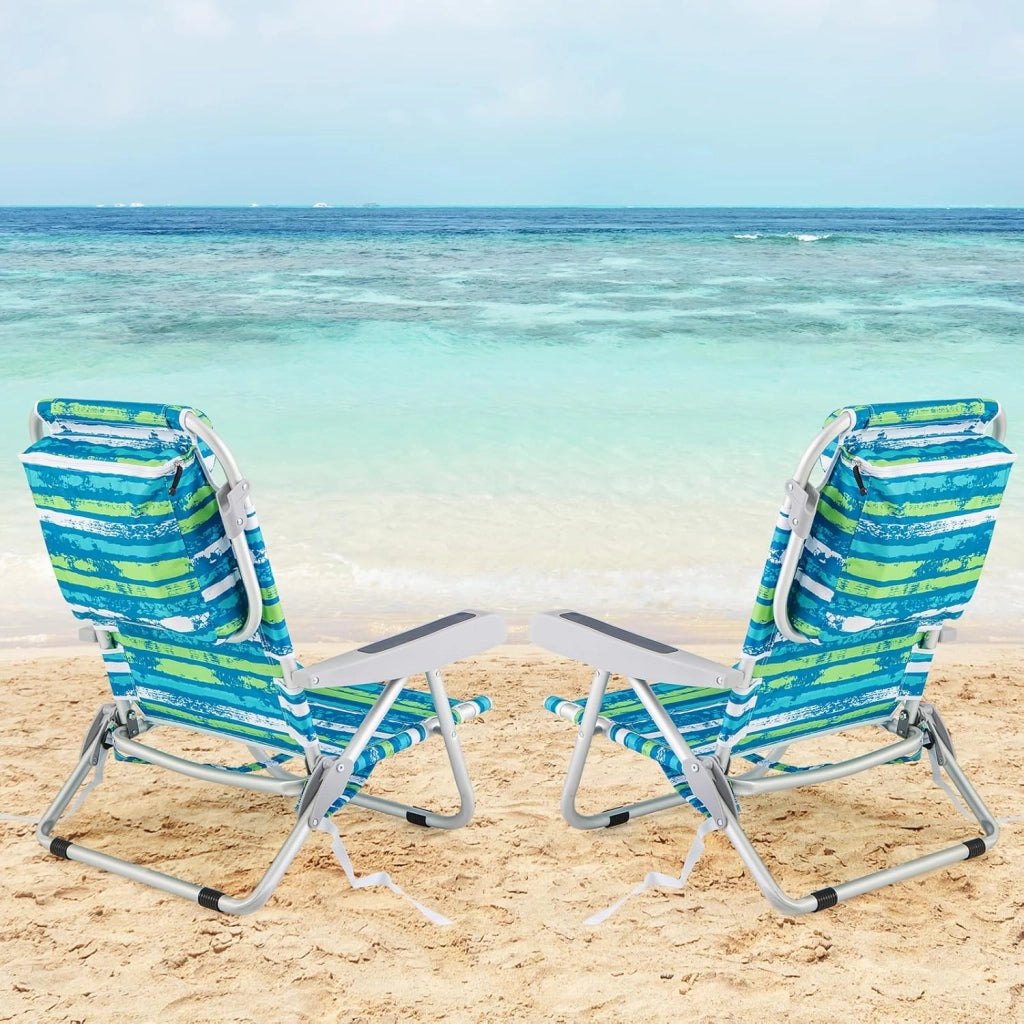 Sedia da Spiaggia Pieghevole, Spiaggina con Schienale Regolabile in 5 Posizioni, Sdraio Mare con Poggiatesta, Lettino Prendisole con Tasca Laterale, Carico 150 kg (Blu+Verde*2)
