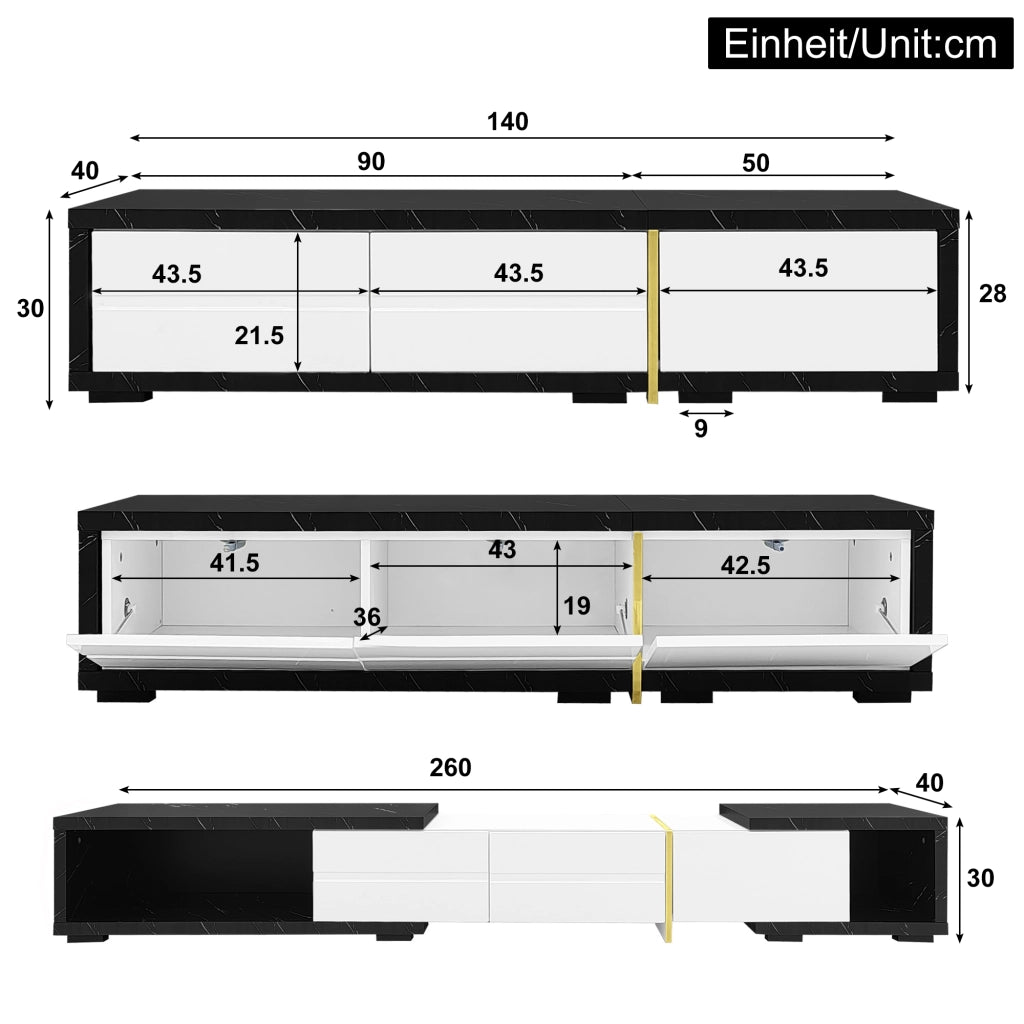 Mobile TV Allungabile ¨C MINIMAL ¨C Nero Marmo/Bianco Lucido, 140-260 cm