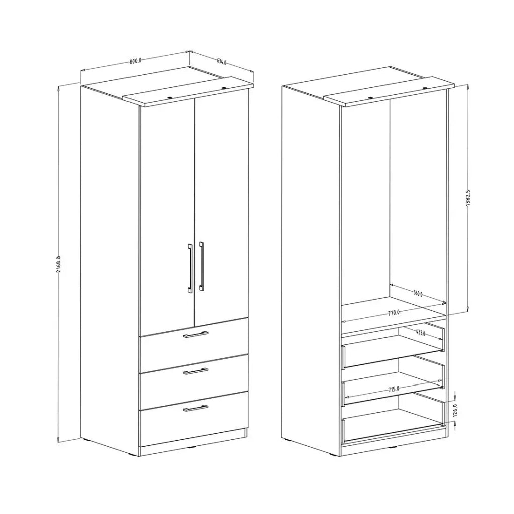 Armadio con 2 ante e 3 cassetti per cabina armadio collezione MODULO, colore bianco con LED e pacchetto di 3 ripiani incluso.
