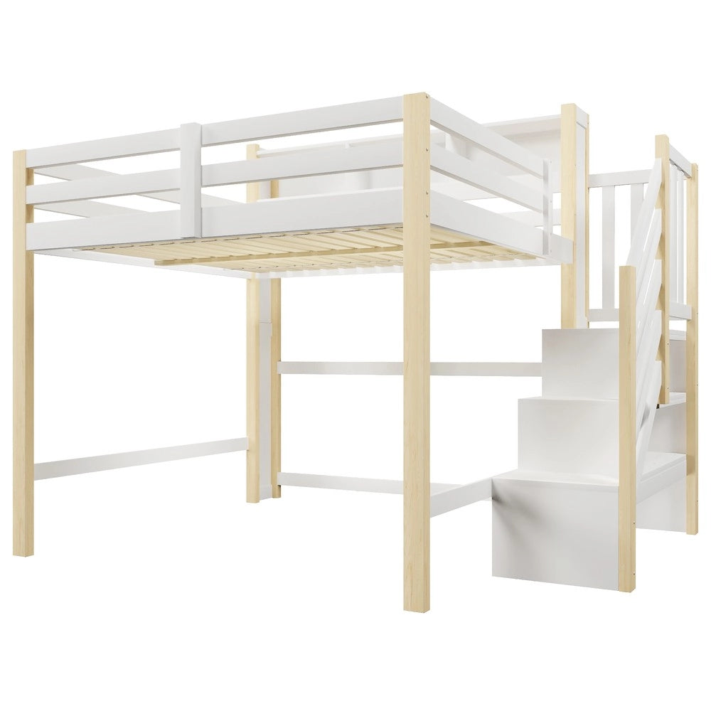 Letto a Soppalco con LED e Contenitore ¨C MINIMAL ¨C Bianco/Naturale 140x200