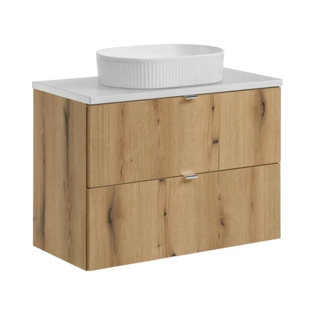 Set VANO effetto rovere e bianco 80cm: mobile sotto lavabo con cassetti + piano per lavabo + lavabo da appoggio bianco scanalato