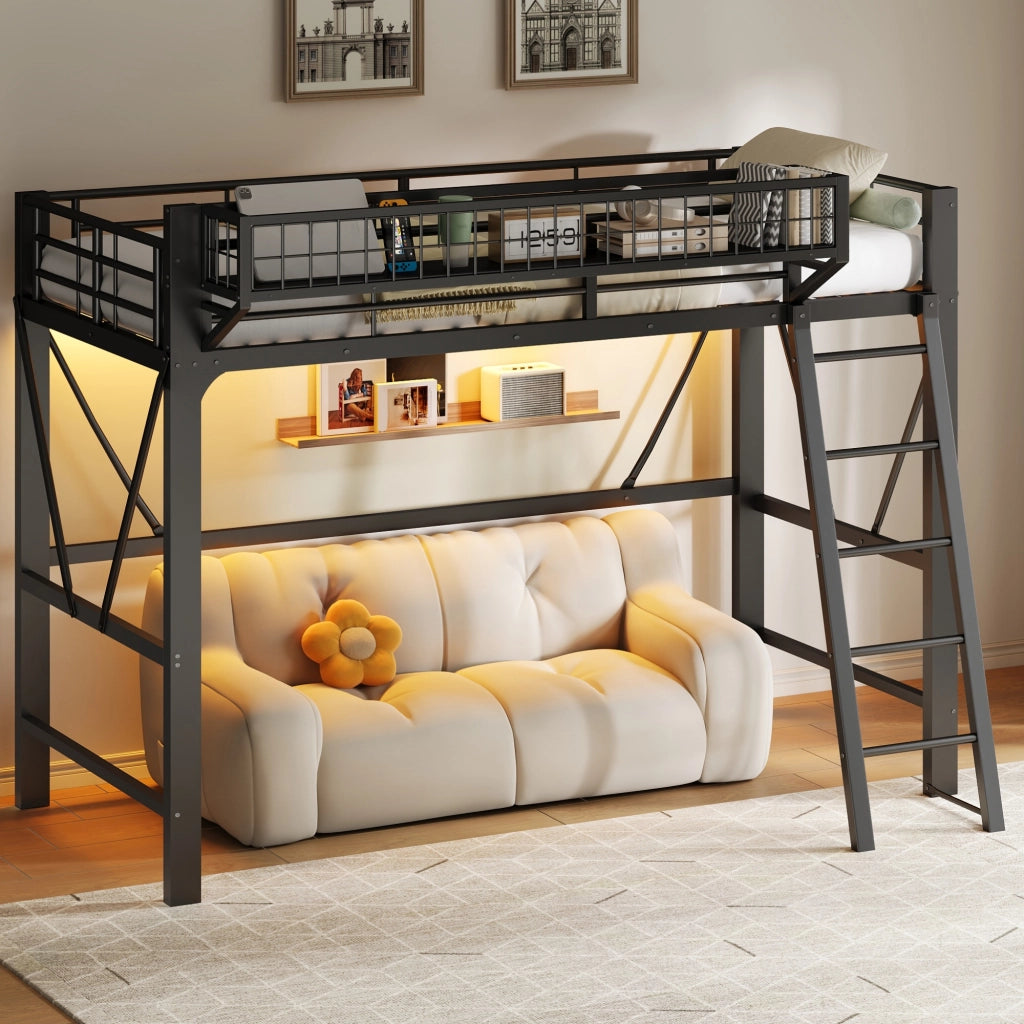 DESMIU Letto a soppalco 90 × 200 cm con cestino, luce LED e scala, senza materasso, in metallo, nero