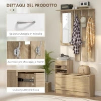 Mobile Appendiabiti 3 in 1 con Scarpiera e Specchio, Ganci e Cassetti, in Legno, 90x24x177 cm, color Quercia