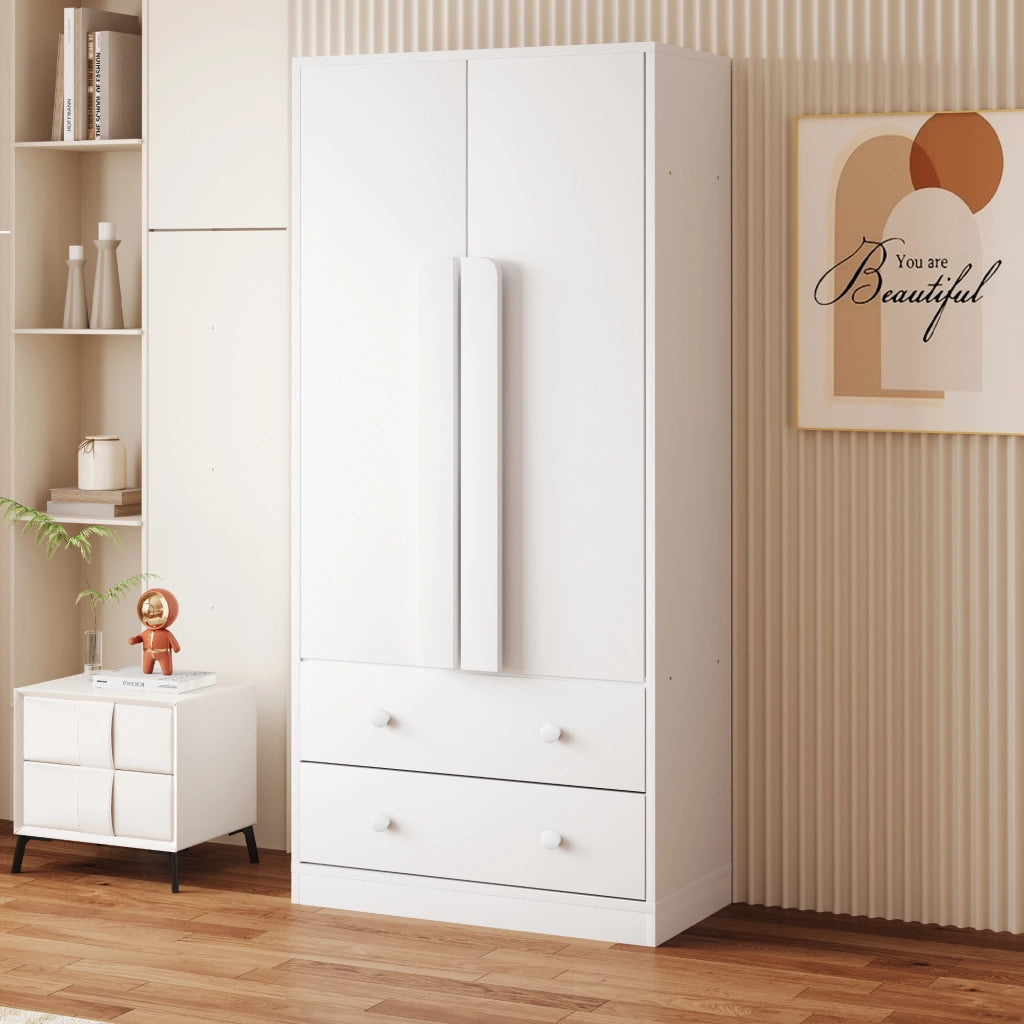 Armadio con 2 ante e 2 cassetti, 1 vano contenitore, per camera da letto, in legno, bianco, 70 × 40 × 170 cm