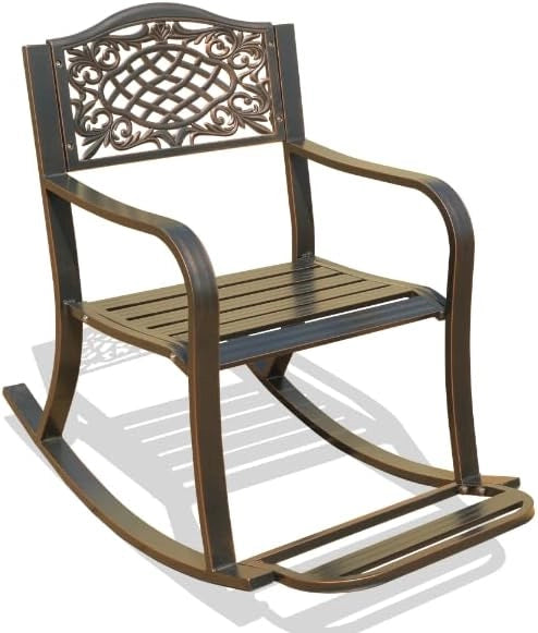Sedia a Dondolo in Fusione di Alluminio, Poltrona Reclinabile Oscillante con Schienale Ergonomico, Braccioli e Poggiapiedi, Cuscinetti Antiscivolo e Limitatori, per Interno ed Esterno