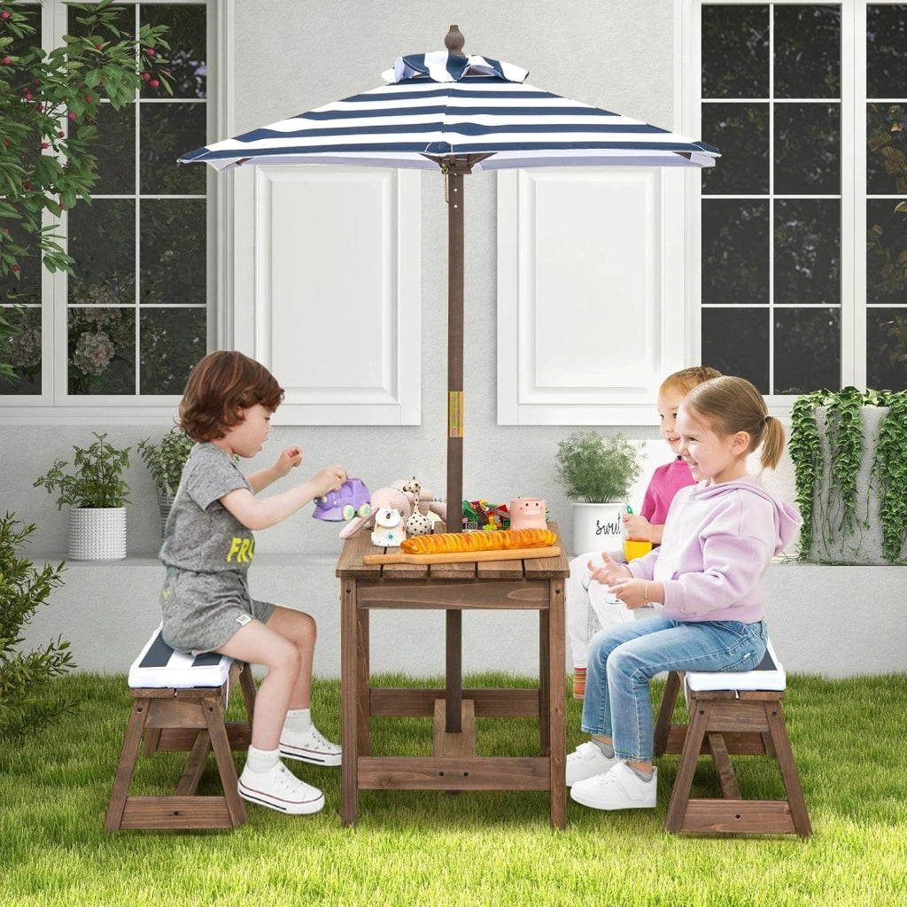 Set di mobili da giardino per bambini con 2 panche e ombrello regolabile, in legno di abete, per bambini con cuscino, set di mobili per giardino, terrazza, balcone (blu)