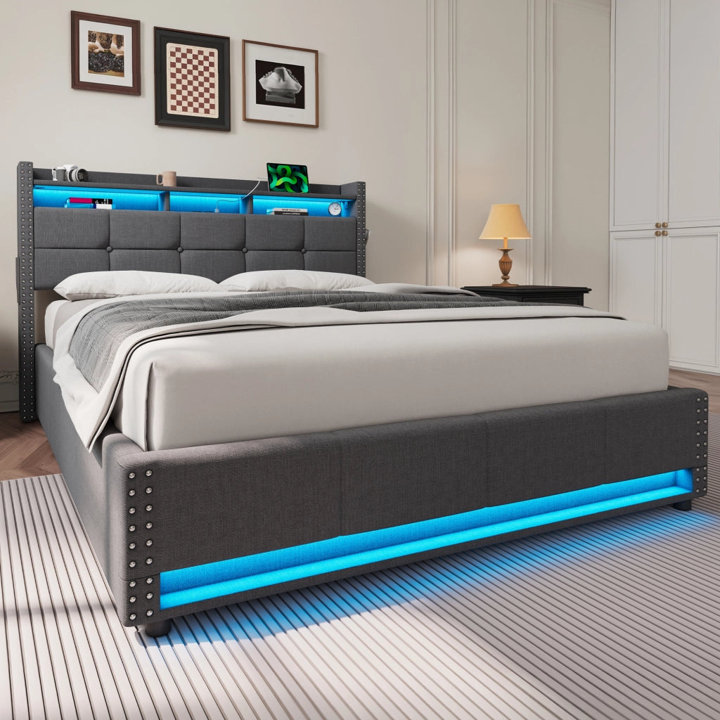 Letto imbottito 140x200 cm grigio scuro con contenitore, testiera regolabile, LED e porte USB
