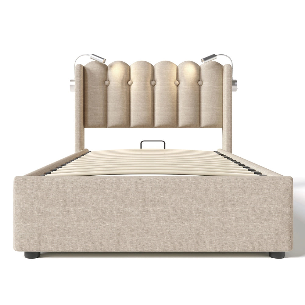 Letto a ribalta singolo con testiera imbottita - Xylo - 90x200 cm - Beige - Spazio di archiviazione