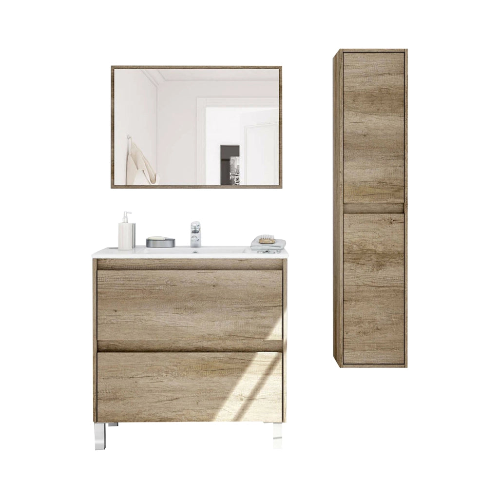 Moncalvo, set Mobili Bagno Specchio Incluso, Marrone Quercia