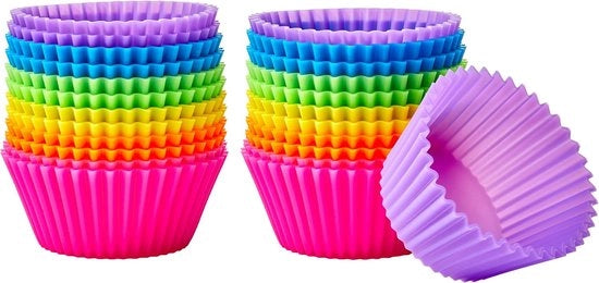 Forme per muffin in silicone riciclabili, rivestimento antiaderente, BPA libero, resistente al lavastoviglie, 7,4 x 7,4 x 3,3 cm (L x P x A), multicolore, confezione da 24