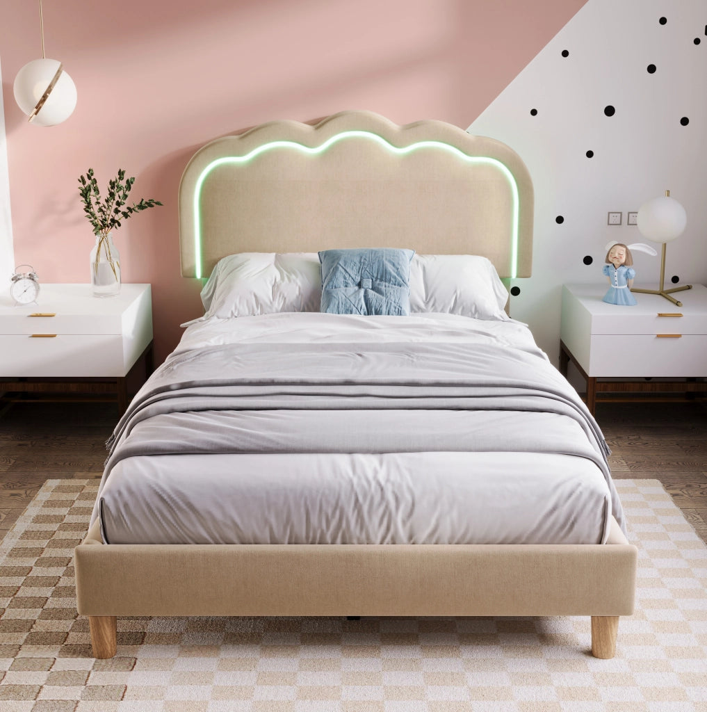 Letto imbottito singolo 90x200 cm con testiera LED regolabile; in lino beige