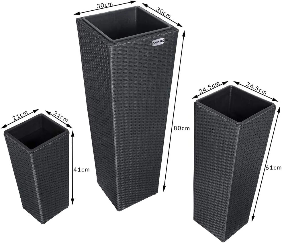 Deuba CASARIA® Set di 3 Vasi da Fiori in Polyrattan Intrecciato con Sottovaso e Foro Deflusso Acqua Richiudibile Vaso per Piante Effetto Rattan da Esterno Giardino Fioriere Fioriera