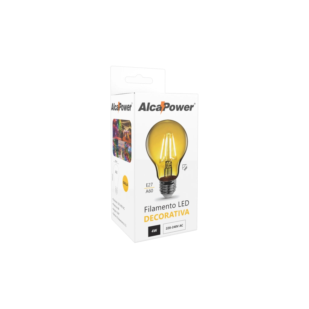 Alcapower Lampada a Filamento LED Classica 4W 230V Attacco E27 Luce Decorativa Gialla Warm Retro Design per Ambienti Interni ed Esterni Coperti