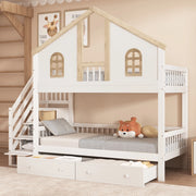 DESMIU Letto a castello bambino 90 × 200 cm con finestre, scala contenitore, 2 cassetti, senza materasso