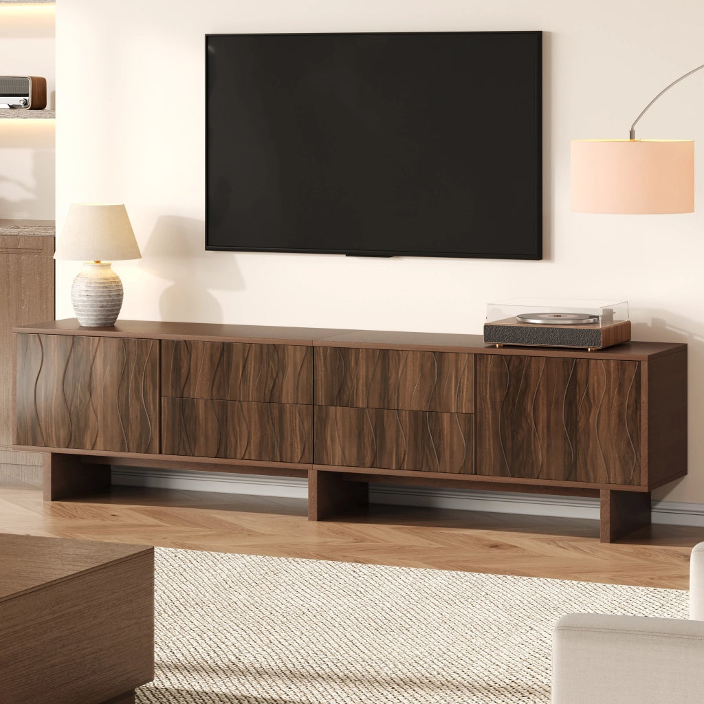 Mobile porta TV con 4 cassetti e 2 ante, design ondulato, per soggiorno, in truciolato, noce scuro, 180 × 40 × 56 cm