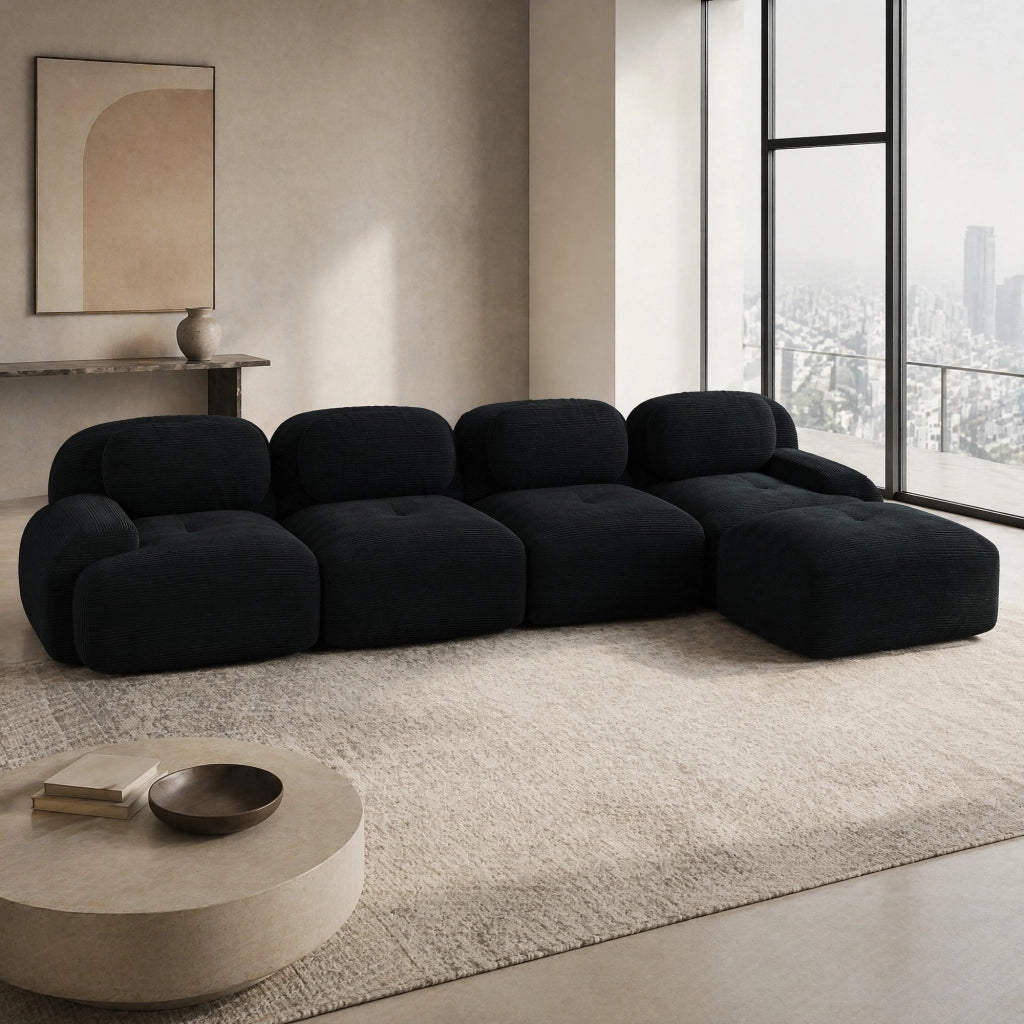 Divano angolare modulare in velluto a coste nero senza montaggio con base antiscivolo 70 × 388 × 178 cm