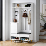 Set di mobili da ingresso con panca, armadietto, ripiani aperti, 2 cassetti e 4 ganci, MDF bianco