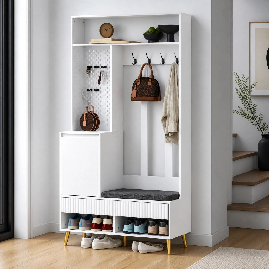 Set di mobili da ingresso con panca, armadietto, ripiani aperti, 2 cassetti e 4 ganci, MDF bianco