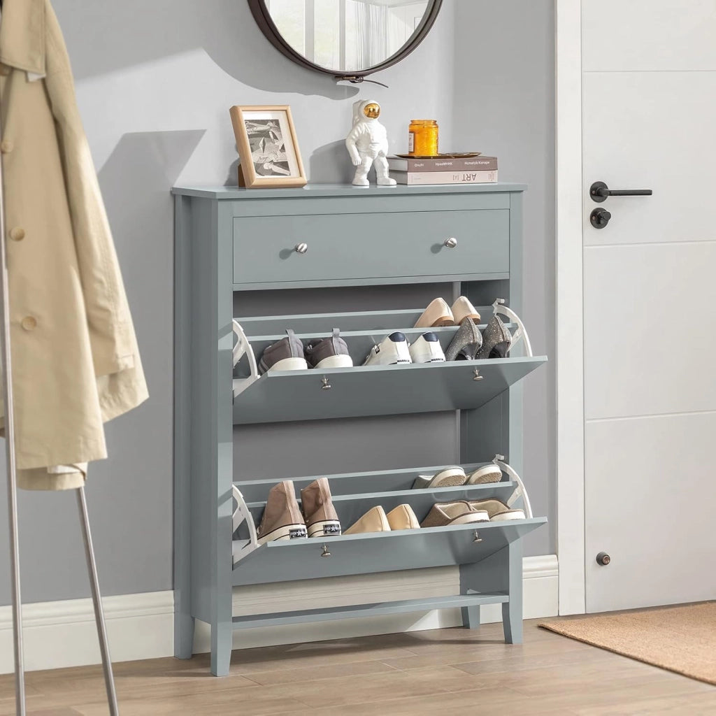 Scarpiera Salvaspazio Slim Ingresso con 2 Ribalte e Cassetto – Mobile Scarpiera Grigio Moderna per Corridoio Stretto, MDF E1, 80x25x108cm, FSR89-HG