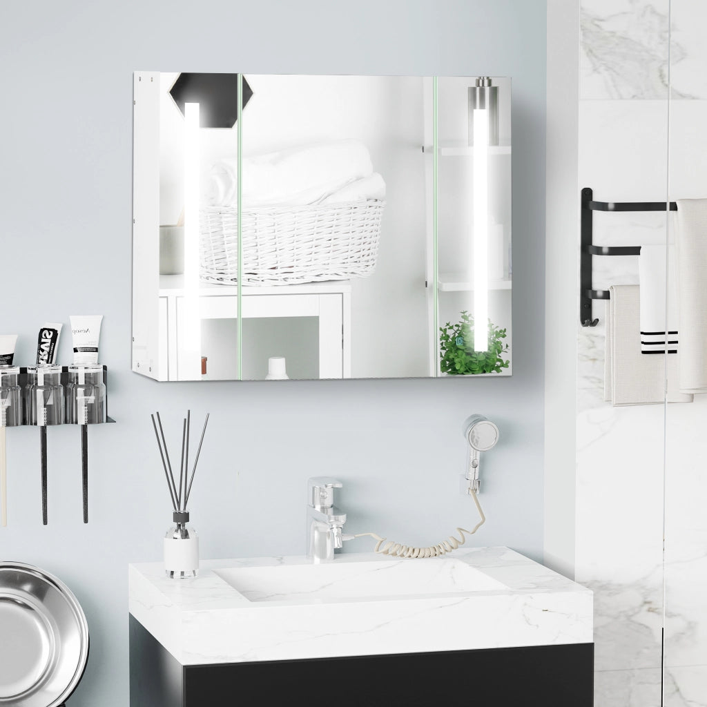 Armadietto Specchiera da Bagno con 3 Armadietti, 3 Ripiani e Luce LED, 90x15x65 cm, Bianco