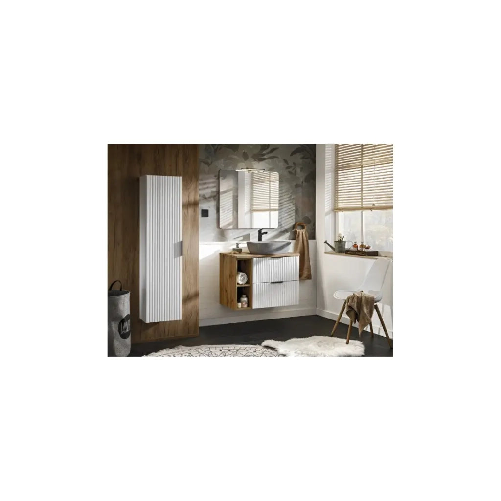 Set da bagno NOXERA – Mobile sospeso con lavabo effetto marmo, contenitori, specchio e lampada LED