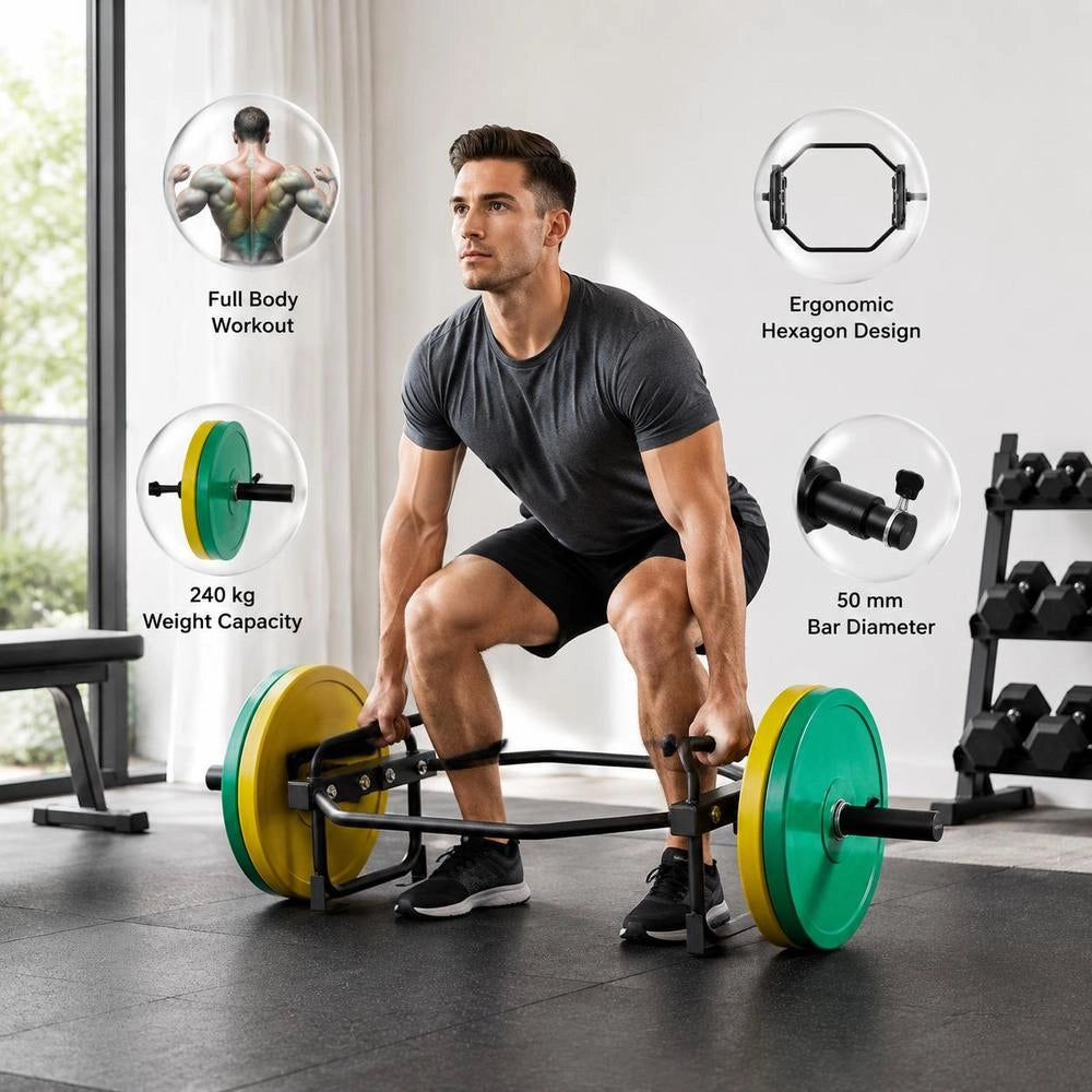 Trap Bar Hexagon Barbell 50 Mm 240 Kg Load Capacity, Weightlifting And Strength Training Equipment, Home Gym For Squats, Deadlifts, Shoulder Press, Black