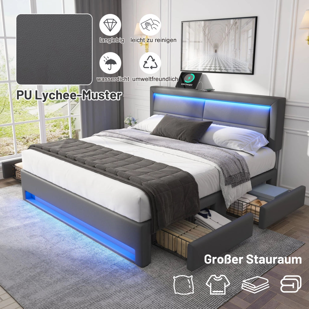 OKWISH Letto con Cassetti 140×200 cm, Letto Matrimoniale con USB, Ricarica Wireless, LED Regolabile e 4 Cassetti, senza Materasso, in PU, Grigio