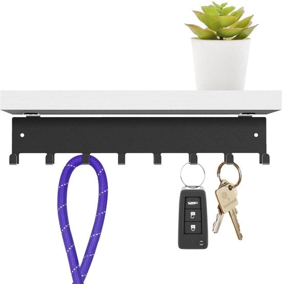 Wandsleutelhouder in legno e metallo con pannello di bambù bianco, hanger per chiavi con ganci per auto, appartamento, deposito, chiavi
