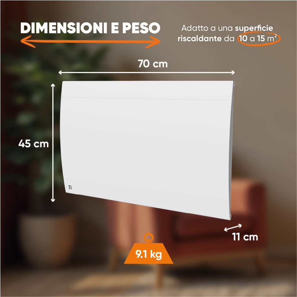 Radiatore elettrico fisso connesso WIFI con inerzia ceramica a secco 1500W ILLO CONNECT orizzontale bianco