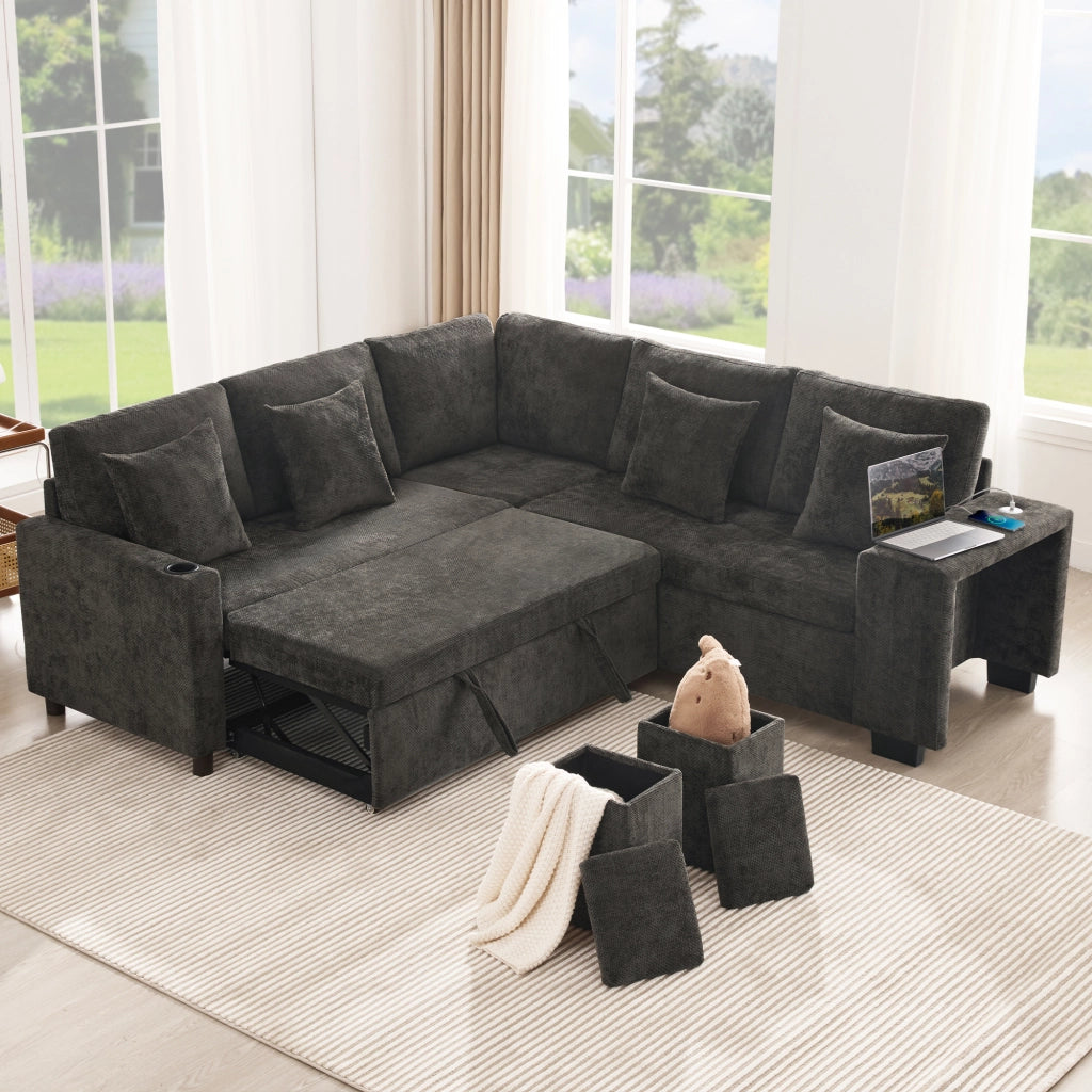 DIVANO ANGOLARE LETTO 220x205x86,5 cm Chenille Grigio con Pouf e 4 Cuscini