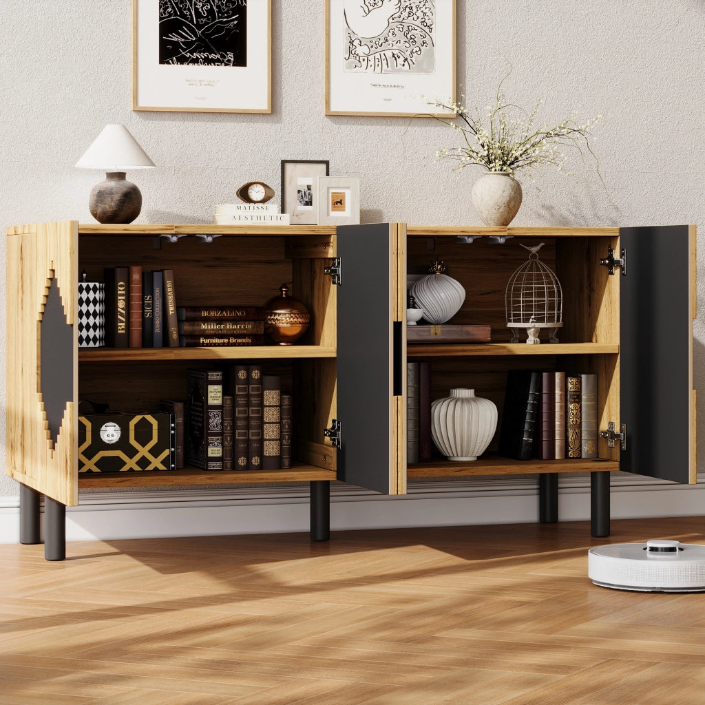 Credenza con ante push-open e 4 vani - per soggiorno - 140x40x70 cm - naturale e nero