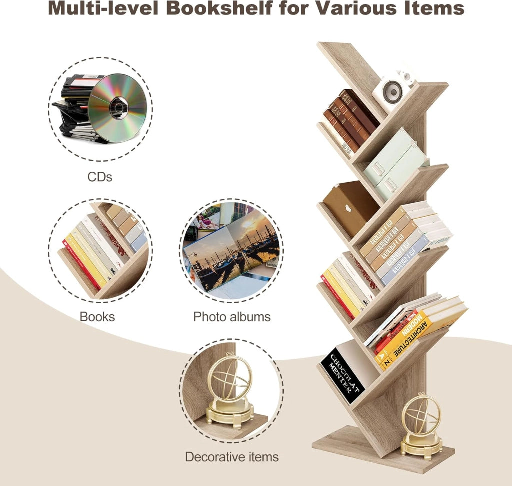 Libreria ad Albero Moderna Scaffale Salvaspazio a 9 Ripiani in Legno Porta Libri per Soggiorno Camera Studio Legno Chiaro, 40x20x127cm