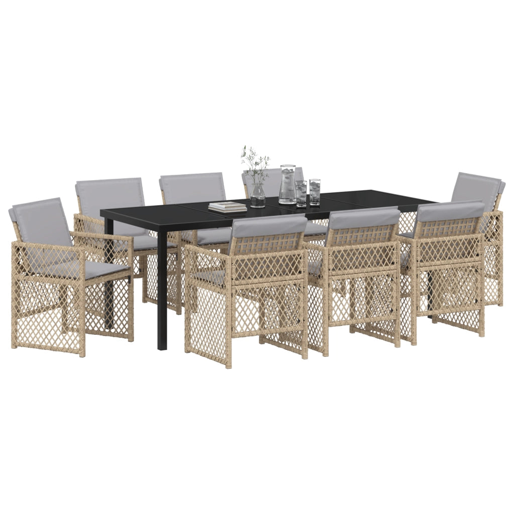 Set da Pranzo da Giardino 9 Pezzi con Cuscini Beige Vimini
