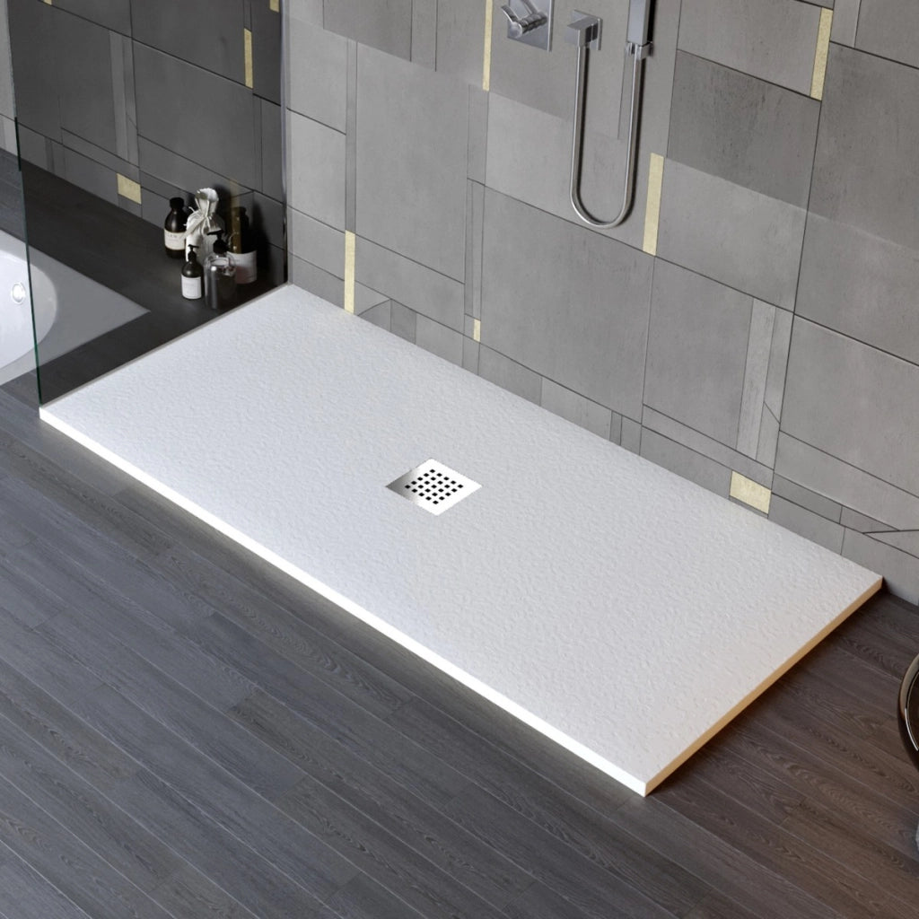 Piatto doccia in marmo resina effetto pietra con foro centrale bianco chic, misura 90x140