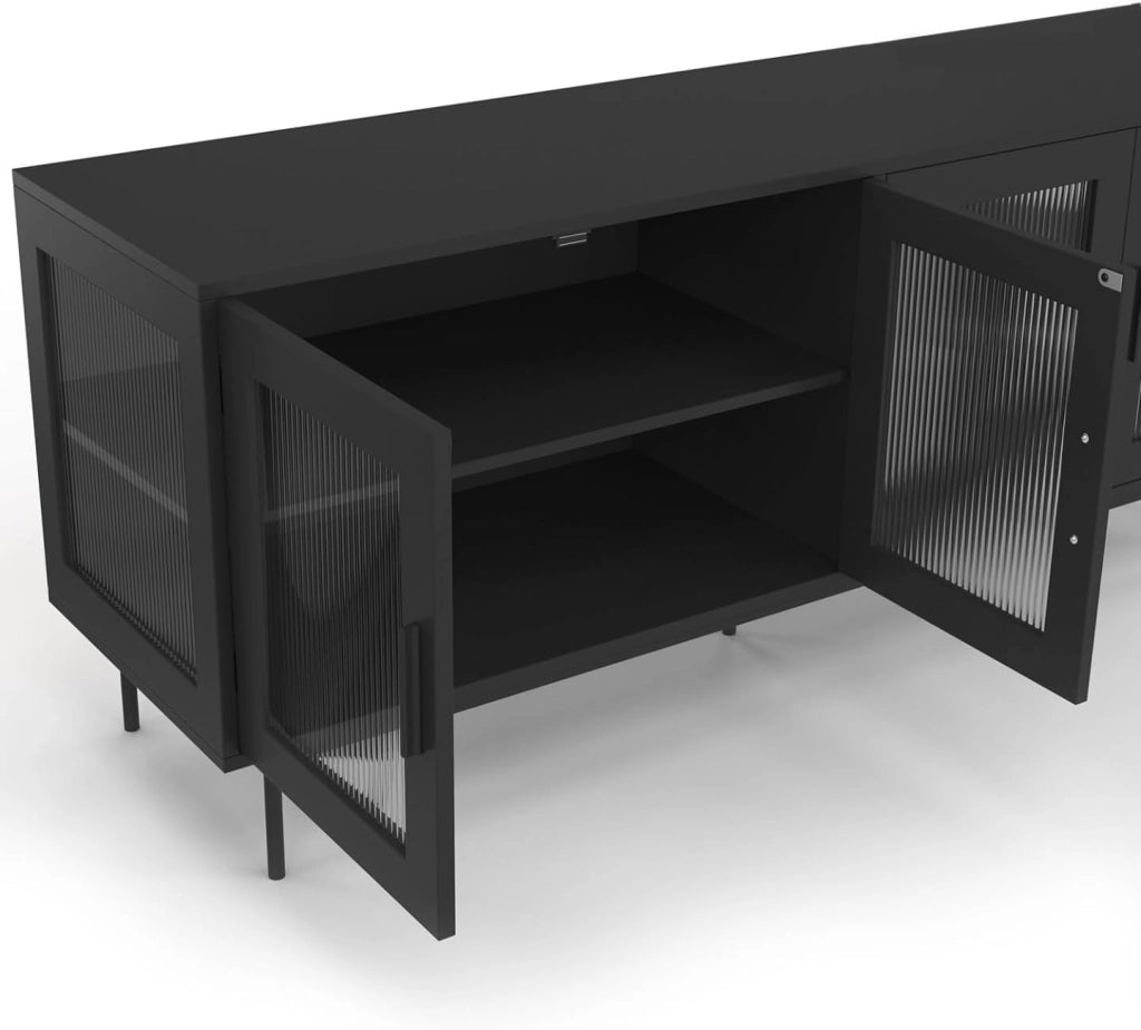 Credenza ZINEB 140 cm, 4 ante in vetro, frontale nero scanalato