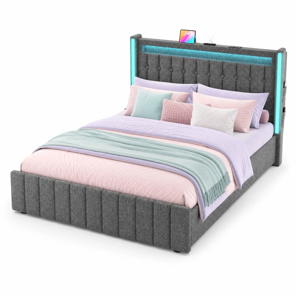 Letto matrimoniale imbottito 140x200 cm con LED, ricarica USB/Type-C e 4 cassetti, grigio