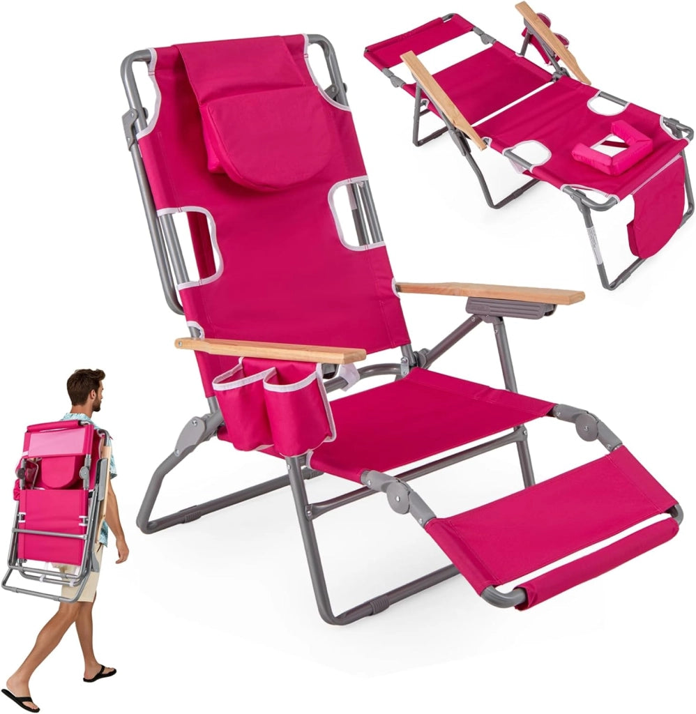 Sedia da Spiaggia Pieghevole, con Foro per il Viso, Schienale Regolabile a 4 Livelli, Poggiapiedi Regolabile, Lettino Prendisole per Spiaggia, Campeggio, Piscina, Portata 150 kg (Rosa)