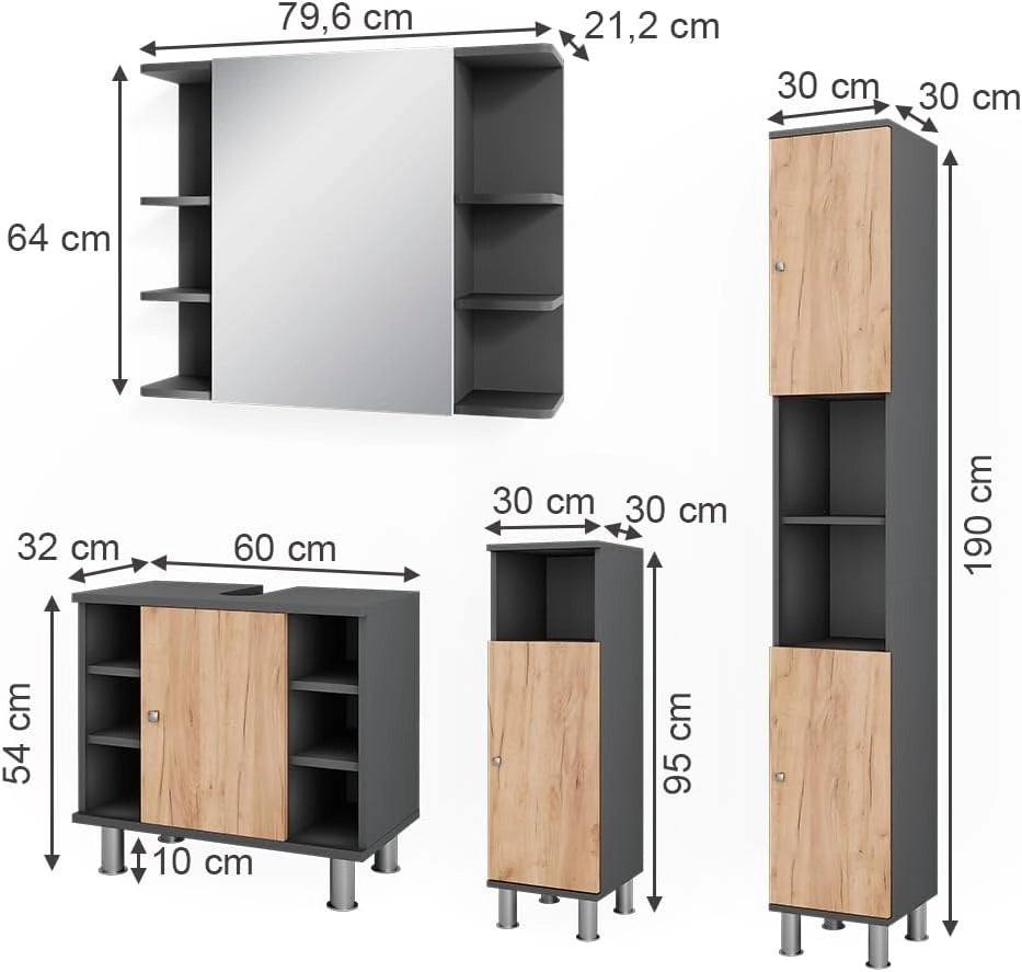 Set di mobili da bagno Fynn, Antracite/quercia dorata, 60 cm, composto da mobile lavabo, pensile a specchio, colonna e base media