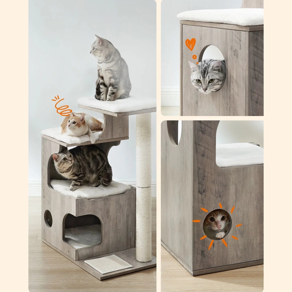 Tiragraffi altezza 88 cm 3 piattaforme e 1 grotta pannello MDF con impiallacciatura in legno palo in sisal pelliccia sintetica lavabile stile vintage grigio 12_0003860