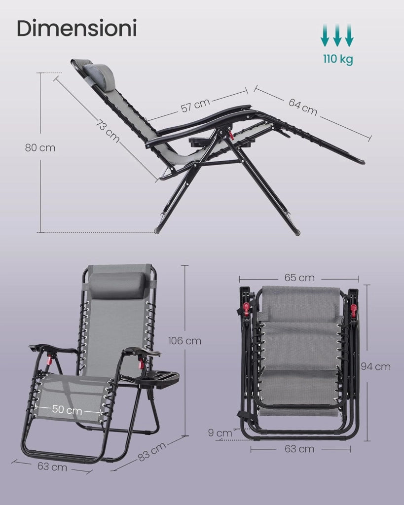 SONGMICS Set da 2 Sedie a Sdraio Pieghevoli, Poltrone a Gravità Zero, Lettini Prendisole Portata 110 kg per Sedia, Poggiatesta Regolabile, Vassoio, per Terrazza e Giardino, Grigio Scuro GLB032GZ02