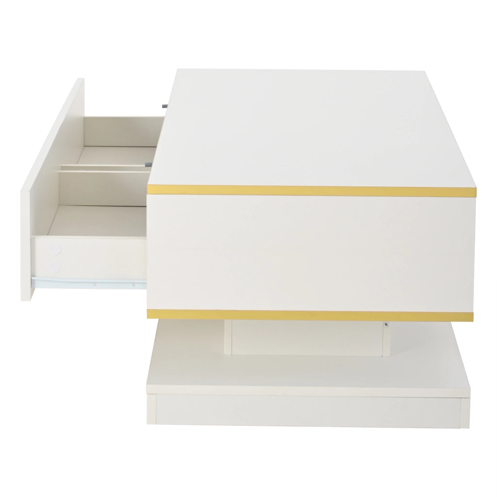 Tavolino da caffè con 2 cassetti - per soggiorno - in truciolato - 100x50x38 cm - bianco caldo e oro