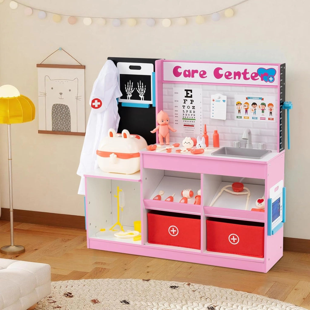 Set Gioco Dottore per Bambini, Gioco di Ruolo Medico in Legno con Stetoscopio, Radiografie, Monitor ECG, Tabella Oculistica e 29 Accessori, Medico Giocattolo per Bambini 3+ Anni (Rosa)