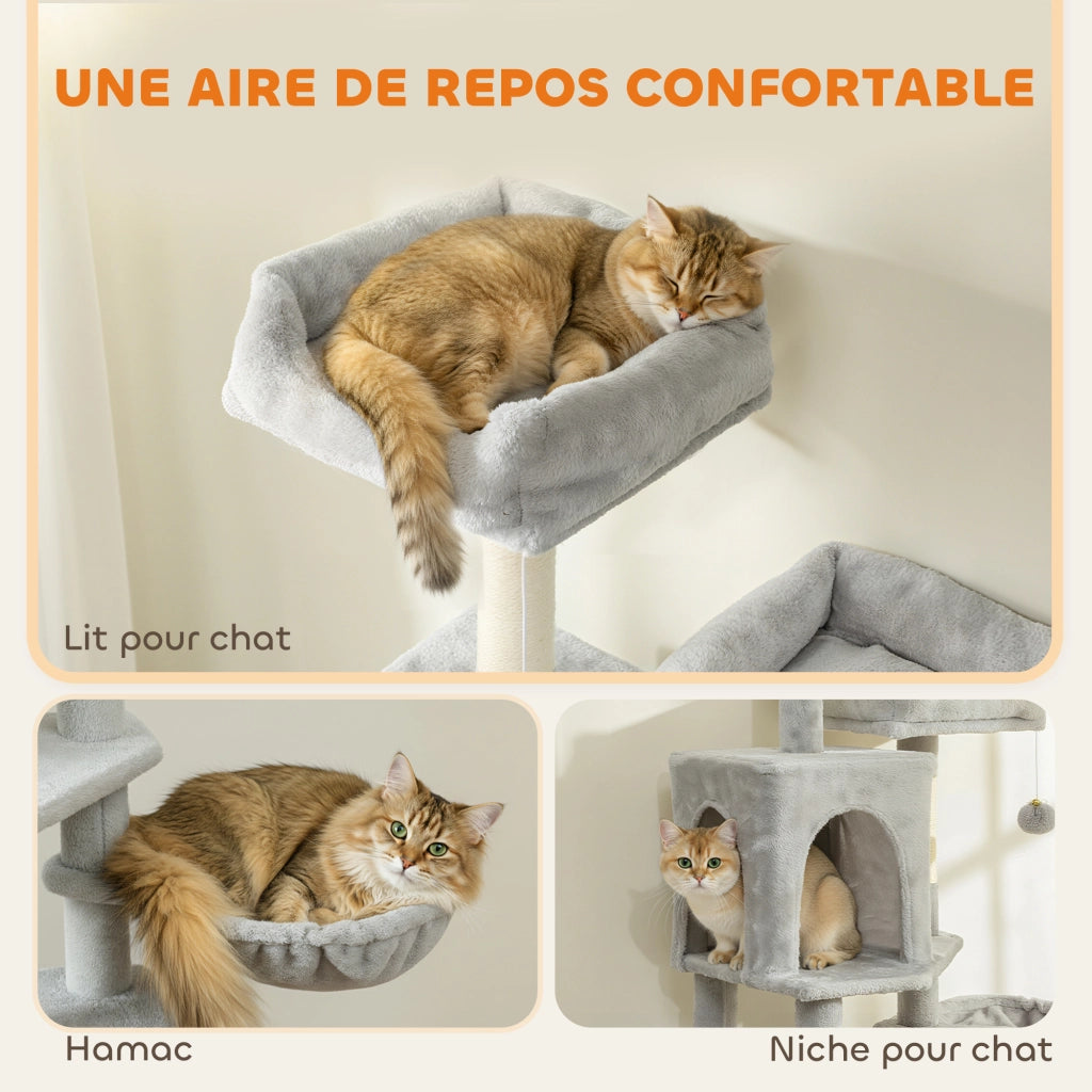 Albero tiragraffi per gatti con piattaforme, nicchie e amache ¨C zephmum ¨C grigio chiaro 177 cm